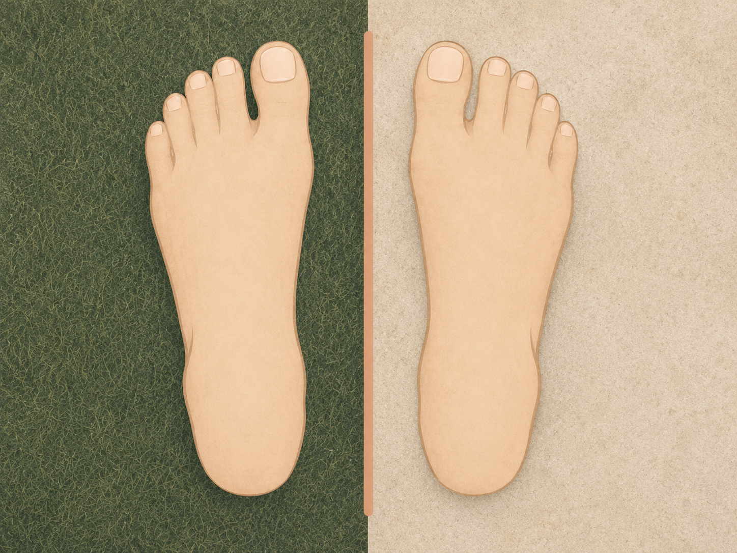 Two feet side by side, separated by a thin line, standing on two different surfaces representing two cultural worlds