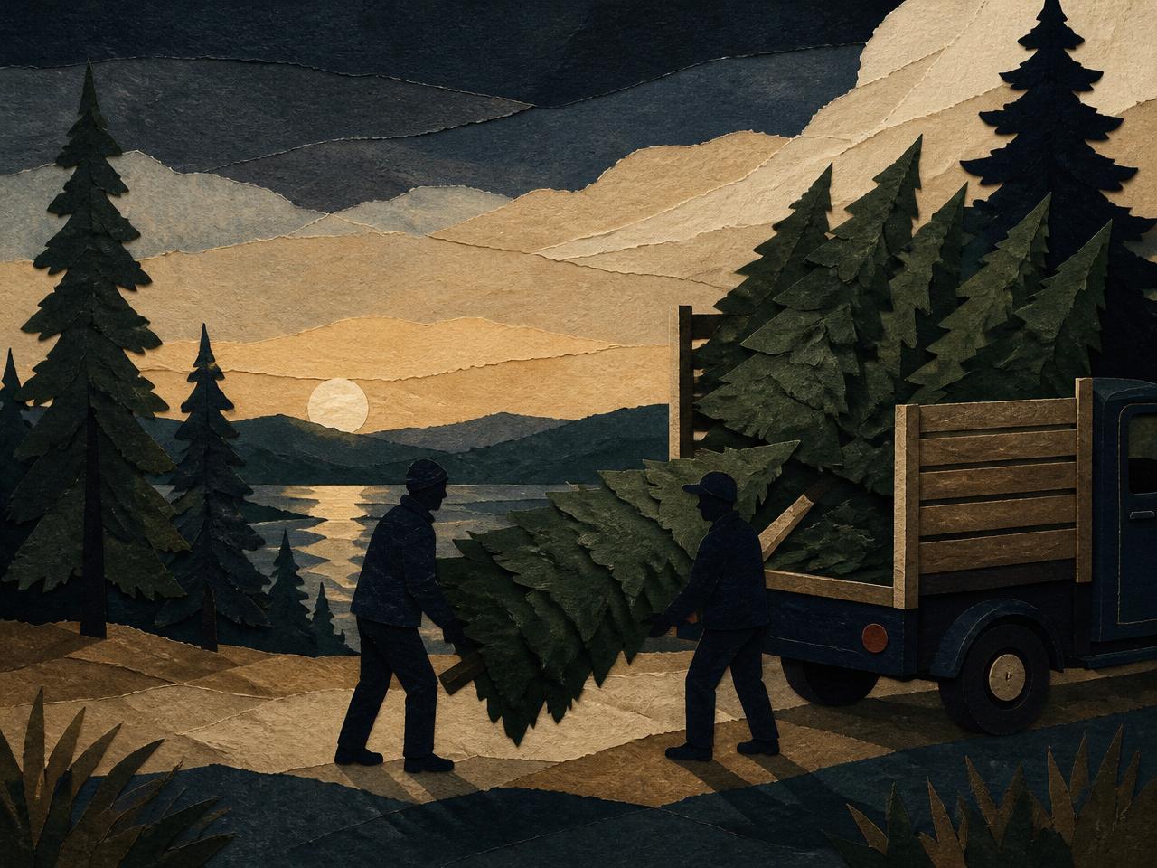 Two silhouetted figures carrying a Christmas tree together beside a small truck stacked with trees, in a paper collage of navy, forest green, and beige