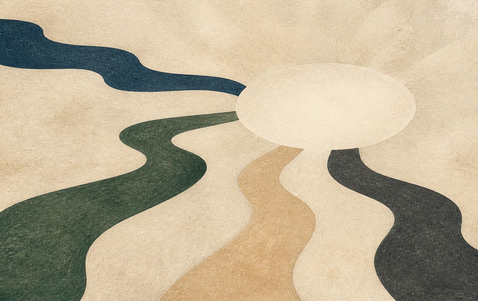 Several distinct paths in different colours moving toward a shared open space while remaining separate
